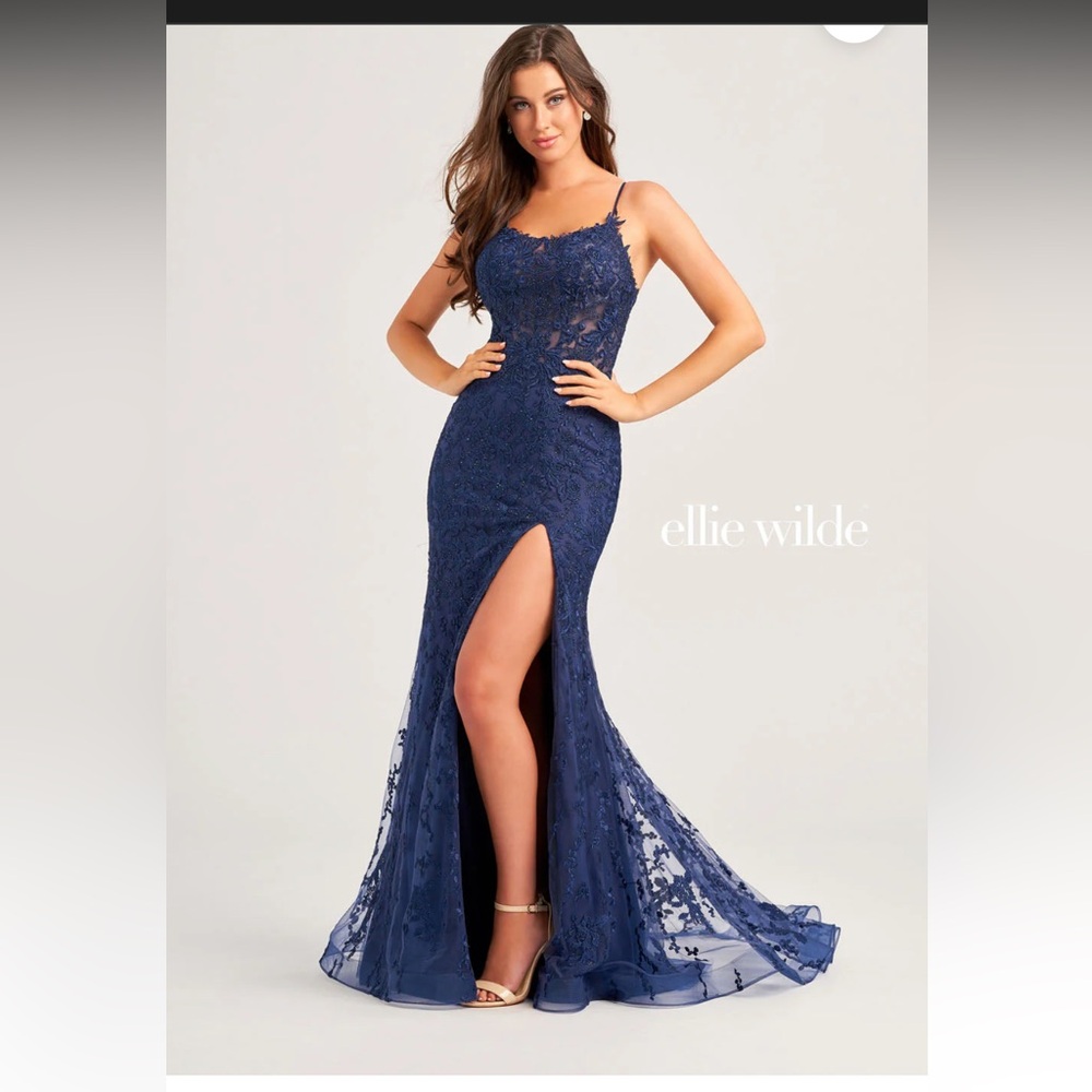 Ellie Wilde Navy Fit and Flare Lace Prom Dress